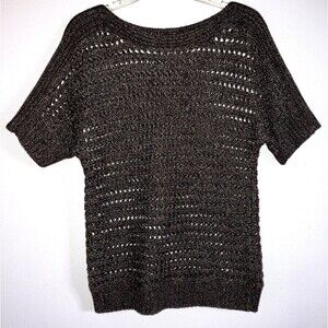 CHICO'S sz M / sz 1 Open Knit Umber Gold Sparkly Top Boat Neck Raglan Sleeve